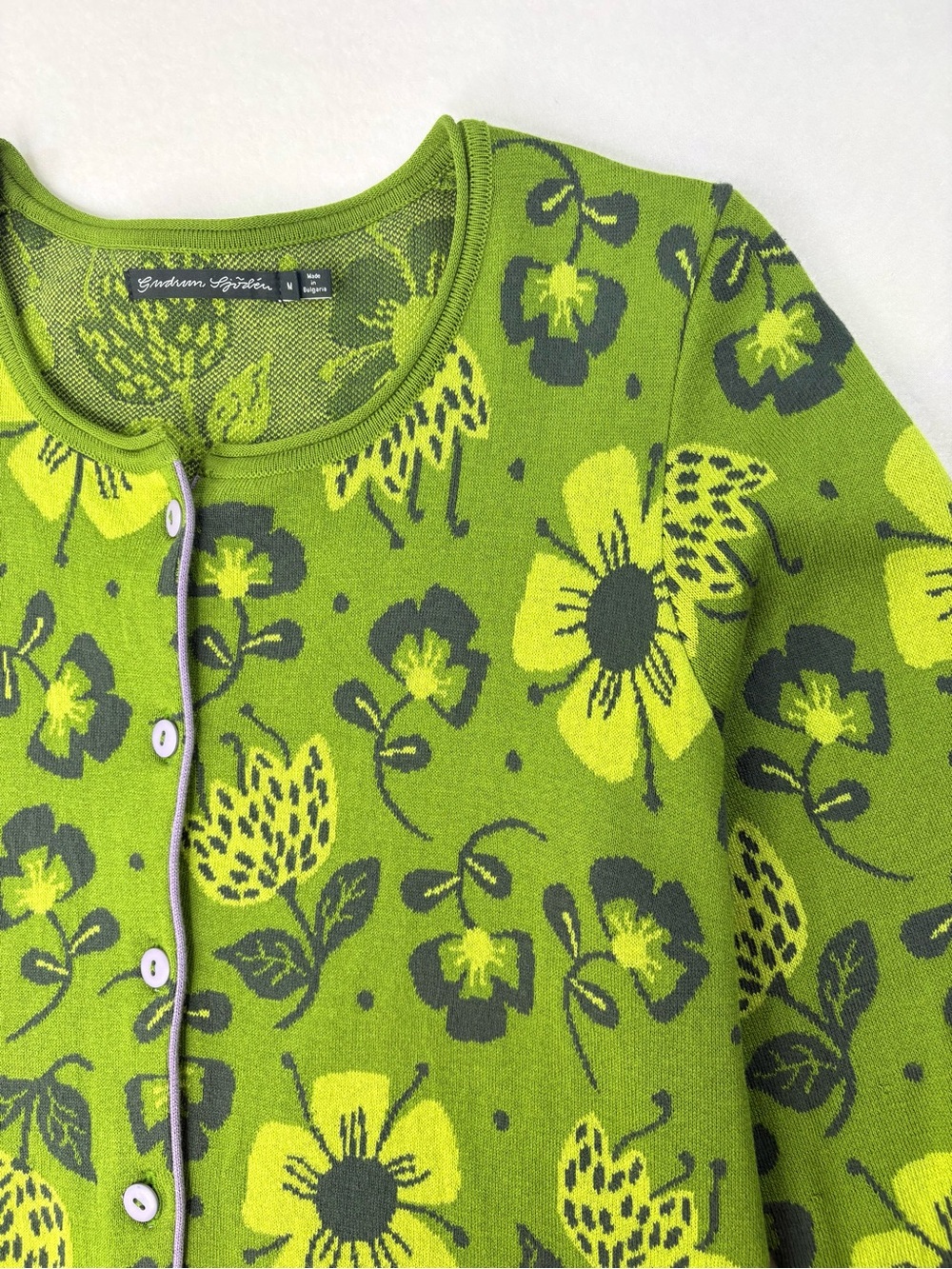 Gudrun Sjoden Green Floral Cardigan Scandinavian Folk Cotton Sweater Size Medium - Picture 2 of 8